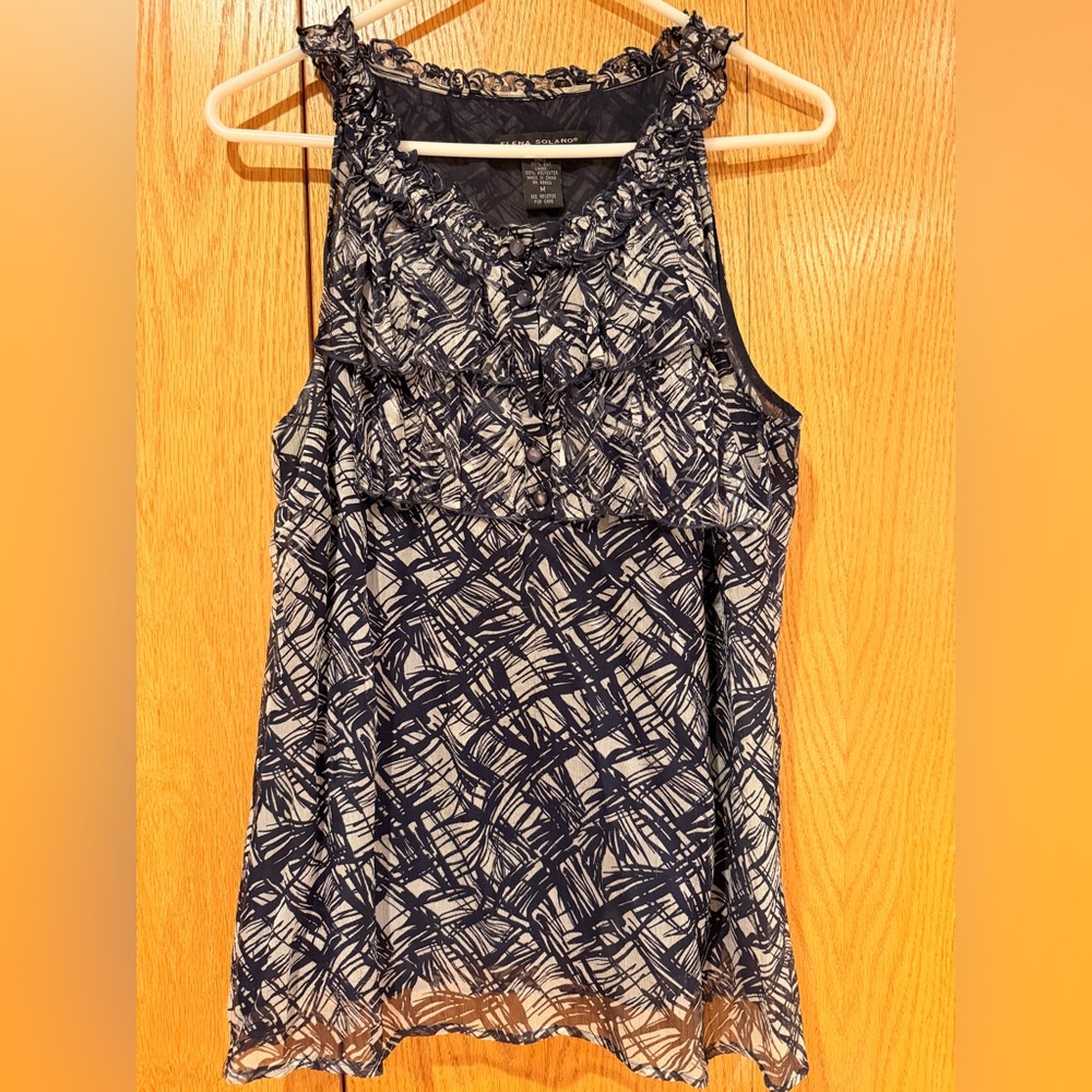Sleeveless Ruffle Neck Blouse in Navy and White